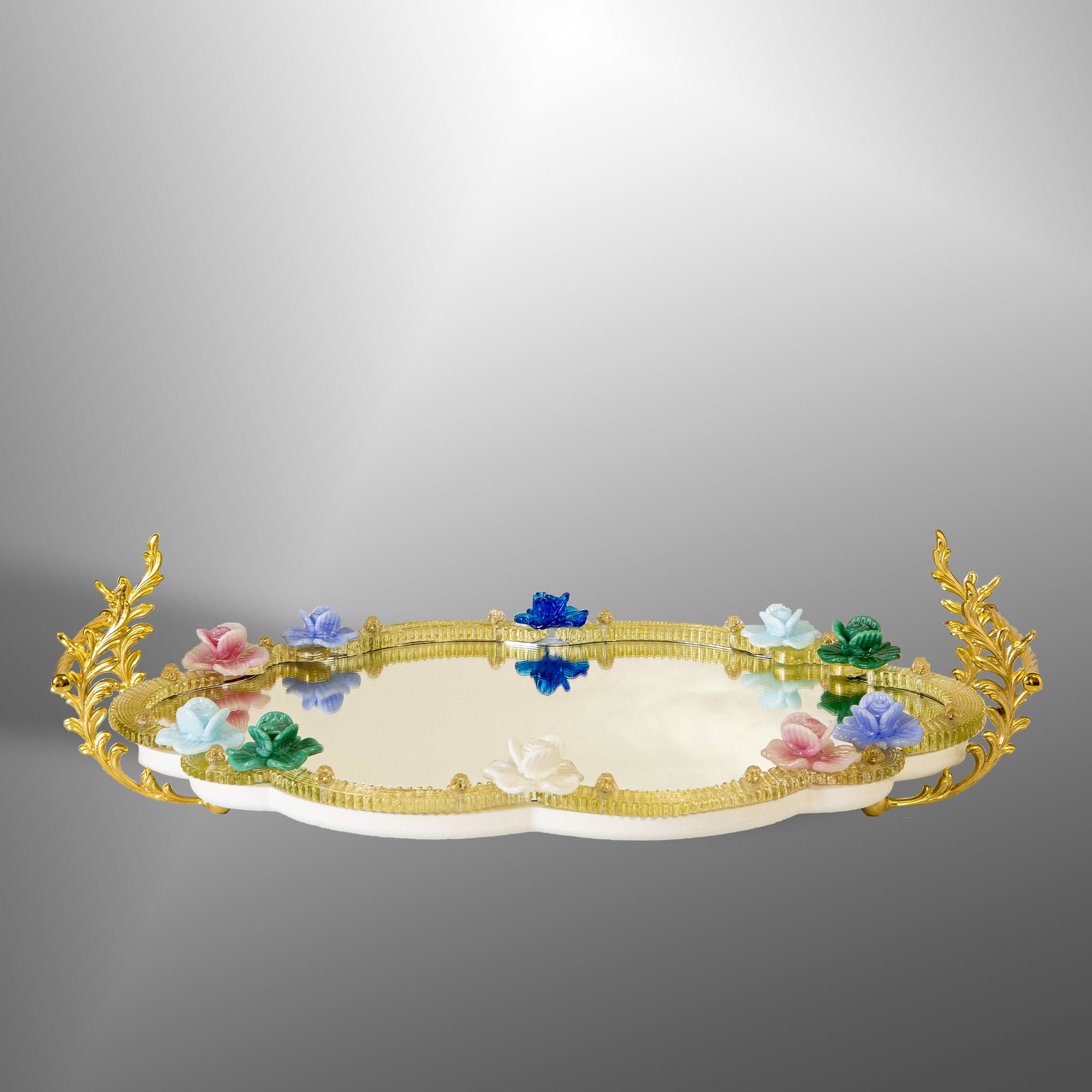 Big tray with brass handles and colorful flowers