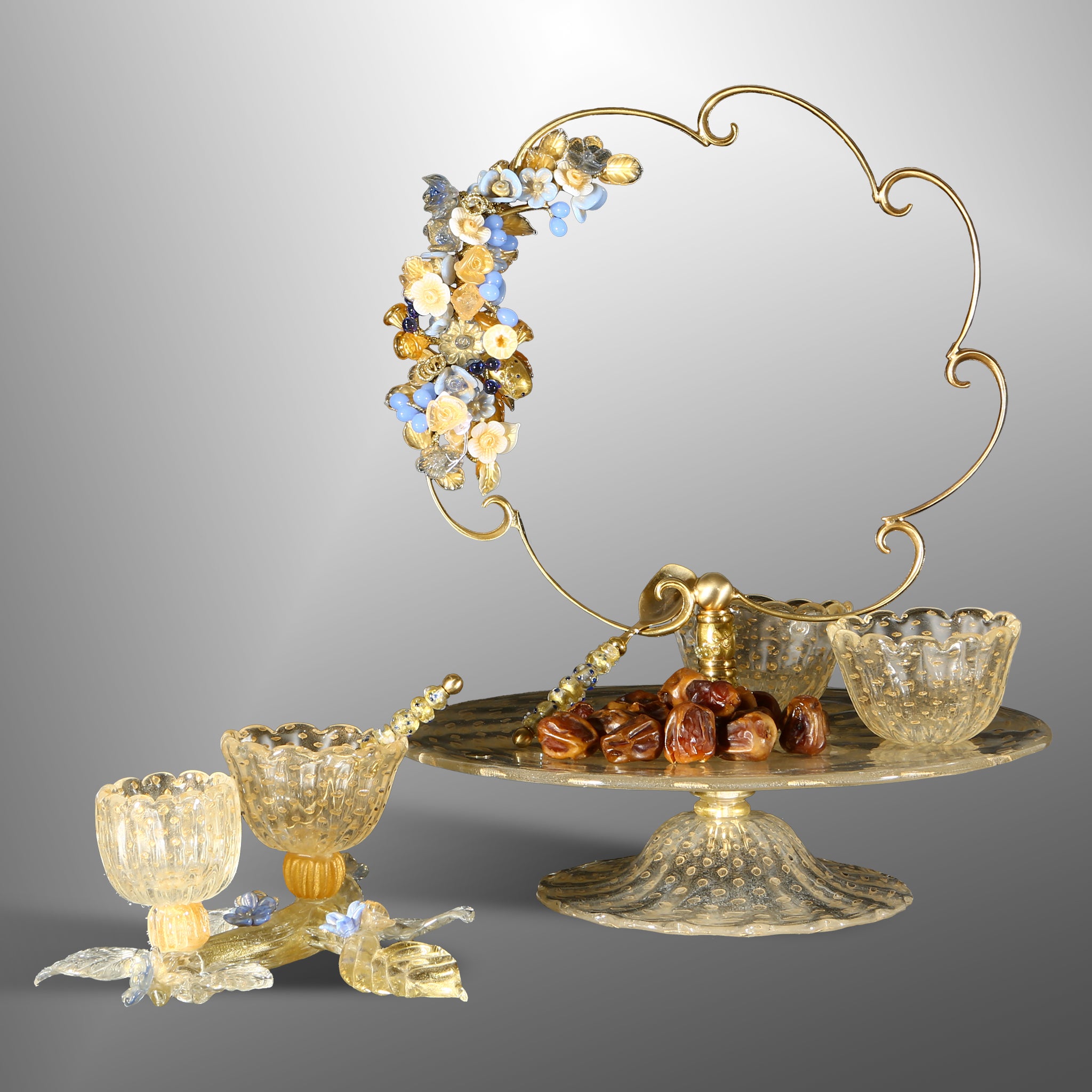 Tray with backsplash, twig with bowls, cups and teaspoons